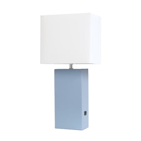 21 Leather Base Table Lamp With USB Charging Port , White Rectangular Shade, Periwinkle